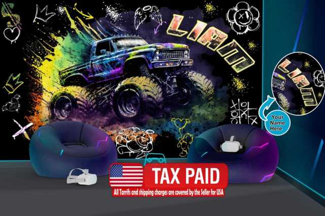 Monster Truck Kids Room Wallpaper Mural, Customized Name Peel & Stick Wall Decal - image 1