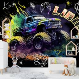 Monster Truck Kids Room Wallpaper Mural, Customized Name Peel & Stick Wall Decal - thumbnail 2