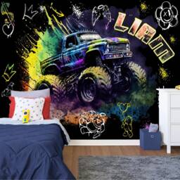 Monster Truck Kids Room Wallpaper Mural, Customized Name Peel & Stick Wall Decal - thumbnail 3