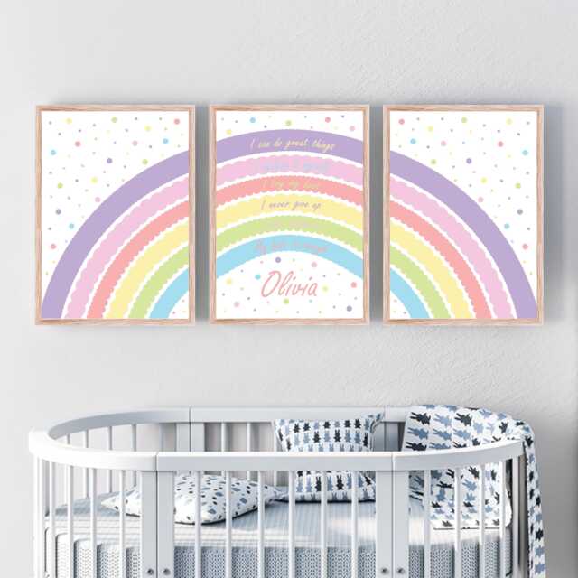 Personalized Pastel Rainbow Nursery Art Set Of 3 Kids Affirmation Prints - image 1