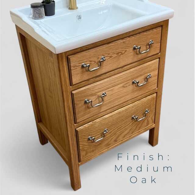 Tewkesbury - Solid Oak Bathroom Vanity Unit With Ceramic Basin Handmade 3 Drawer Chest - image 1