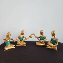 Brass Musician Statue Set Tribal Folk Art With Gemstone Inlay - thumbnail 3