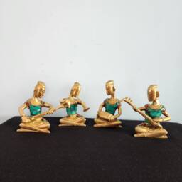 Brass Musician Statue Set Tribal Folk Art With Gemstone Inlay - thumbnail 2