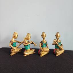 Brass Musician Statue Set Tribal Folk Art With Gemstone Inlay - thumbnail 4