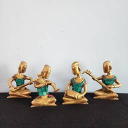 Brass Musician Statue Set Tribal Folk Art With Gemstone Inlay - thumbnail 1