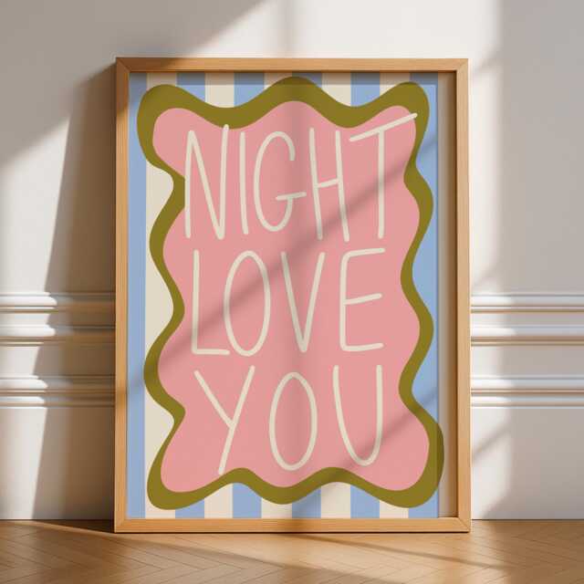 Night Love You Print, Unframed Art, Bold Kitchen Posters, Trendy Decor, Living, Typography, Retro, House, Stripes, Bedroom, Sleep - image 1