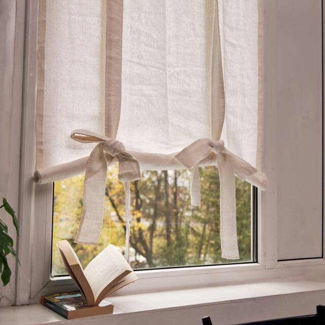 Custom Linen Curtains, Linen Roll Up Tie Curtain, Natural Curtains For Kitchen, White - image 1