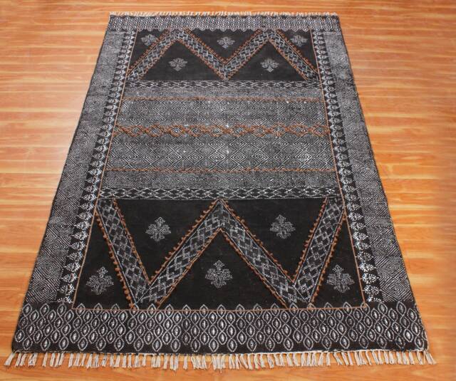 Handmade Block Print Cotton Rug Black & Gray Kilim, Boho Decor - image 1