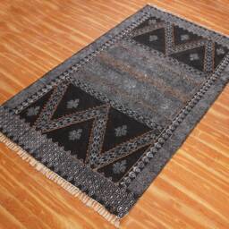 Handmade Block Print Cotton Rug Black & Gray Kilim, Boho Decor - thumbnail 2