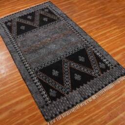 Handmade Block Print Cotton Rug Black & Gray Kilim, Boho Decor - thumbnail 3