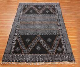 Handmade Block Print Cotton Rug Black & Gray Kilim, Boho Decor - thumbnail 1