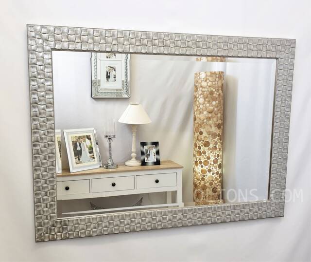 John Lewis Wall Mirror Bevelled Wood Mosaic Antique Silver White 66x92cm - image 1