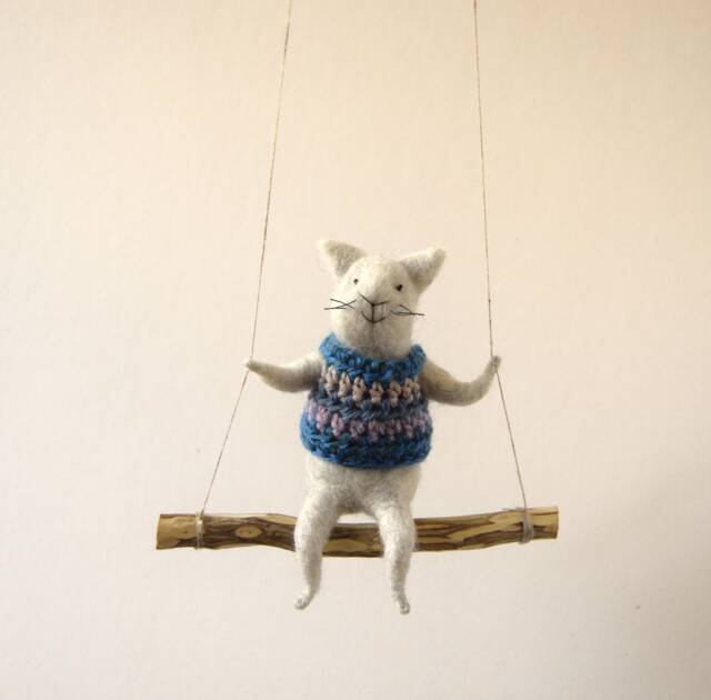 Cat On Swing , Gray Needle Felted Cat, Nursery Decoration, Baby Crib Mobile, Toy, Mobile - image 1