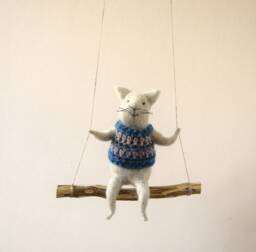 Cat On Swing , Gray Needle Felted Cat, Nursery Decoration, Baby Crib Mobile, Toy, Mobile - thumbnail 1