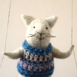 Cat On Swing , Gray Needle Felted Cat, Nursery Decoration, Baby Crib Mobile, Toy, Mobile - thumbnail 4