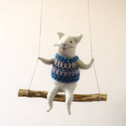 Cat On Swing , Gray Needle Felted Cat, Nursery Decoration, Baby Crib Mobile, Toy, Mobile - thumbnail 2
