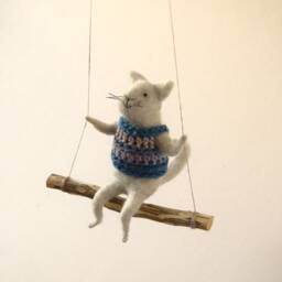 Cat On Swing , Gray Needle Felted Cat, Nursery Decoration, Baby Crib Mobile, Toy, Mobile - thumbnail 3