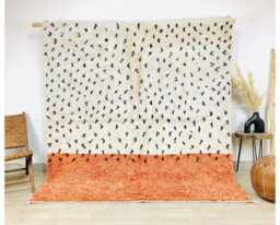Moroccan Ivory & Orange Berber Rug, Handwoven Wool Shag Rug With Abstract Lines, Authentic Beni Ourain Style Carpet, Large 9x12 Area - thumbnail 1