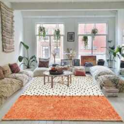 Moroccan Ivory & Orange Berber Rug, Handwoven Wool Shag Rug With Abstract Lines, Authentic Beni Ourain Style Carpet, Large 9x12 Area - thumbnail 3