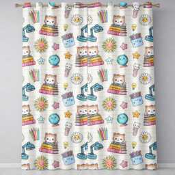 Cute Kawaii School Cat Books Crayons Yellow Lines Seamless Pattern Readymade Eyelet Ring Top Thermal 100% Blackout Curtains - thumbnail 2
