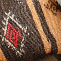 4060cm - 1624In Handwoven Boho Kilim Pillow Cover - Hand Spun Wool Orange Red Brown Striped With Brocaded Motifs - thumbnail 3