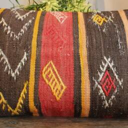 4060cm - 1624In Handwoven Boho Kilim Pillow Cover - Hand Spun Wool Orange Red Brown Striped With Brocaded Motifs - thumbnail 2