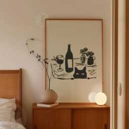 Minimalist Cat & Wine Poster - Black Ink Still Life Illustration Print Modern Wall Decor - thumbnail 2