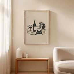 Minimalist Cat & Wine Poster - Black Ink Still Life Illustration Print Modern Wall Decor - thumbnail 3