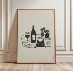 Minimalist Cat & Wine Poster - Black Ink Still Life Illustration Print Modern Wall Decor - thumbnail 1