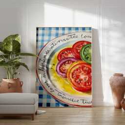 Tomato Salad Art Print, Colorful Kitchen Wall Decor, Mediterranean Still Life Poster, Vibrant Food Illustration, Dining Room Artwork - thumbnail 3