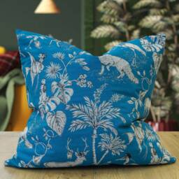Magical Menagerie Tapestry Extra-Large Cushion in Denim Blue. Steampunk Fish, Deers, Meerkats A Fantasy Forest. 23x23