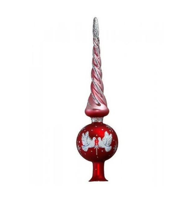 Christmas Tree Topper, Red White Birds Pigeon, Silver Accents, Finial Twisted Top, European Xmas Ornament, Decoration For Tree, Tender