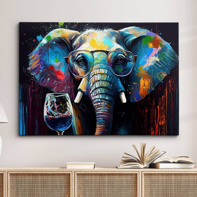 Elephant Toasting Drink Glasses Animal Abstract Oil Painting Framed Poster Print & Canvas Wall Art Living Home Decor Interior Gift - image 1