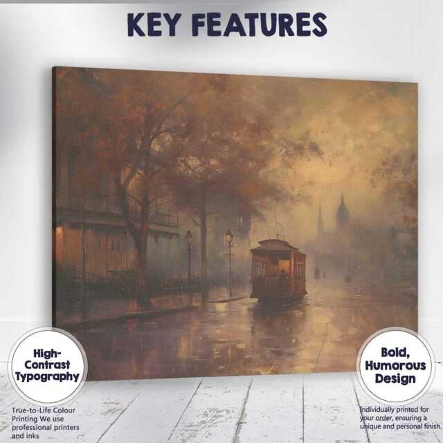 Misty Vintage Tram Rainy City Street Scene Canvas Wall Art Print Decor Picture Ready To Hang - image 1
