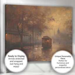 Misty Vintage Tram Rainy City Street Scene Canvas Wall Art Print Decor Picture Ready To Hang - thumbnail 3