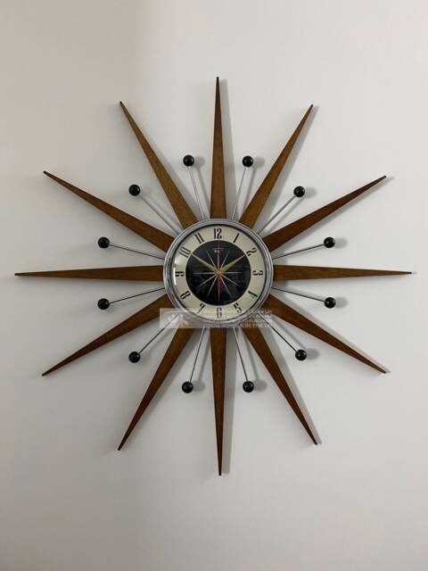Handmade Mid Century Starburst Wall Clock Teak Rays & Atomic Balls - image 1
