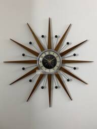 Handmade Mid Century Starburst Wall Clock Teak Rays & Atomic Balls - thumbnail 1