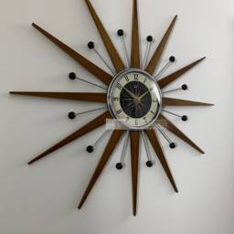 Handmade Mid Century Starburst Wall Clock Teak Rays & Atomic Balls - thumbnail 2