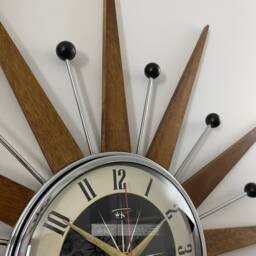 Handmade Mid Century Starburst Wall Clock Teak Rays & Atomic Balls - thumbnail 3