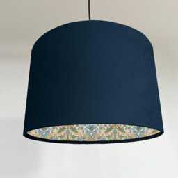 Navy Velvet Drum Lampshade/ Ceiling Shade William Morris Strawberry Thief Sky Interior - thumbnail 3