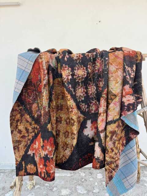 Handmade Reversible Cotton Kantha Quilt - Lightweight Soft Blanket With Ethnic Patchwork Style - image 1