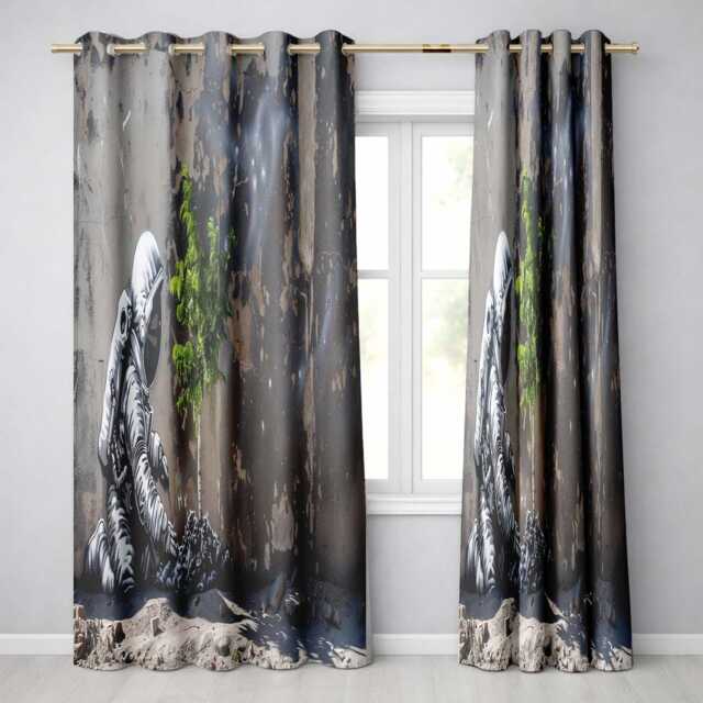 Astronaut Planting Tree Urban Street Art Unique Artwork For Modern Interior Decor Readymade Eyelet Ring Top Thermal 100% Blackout Curtains - image 1