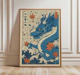 Blue Dragon Art Print, Japanese Wave Poster, Mythical Creature Wall Art, Ukiyo-E Inspired Fantasy Illustration, Modern Oriental Decor - thumbnail 1
