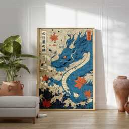 Blue Dragon Art Print, Japanese Wave Poster, Mythical Creature Wall Art, Ukiyo-E Inspired Fantasy Illustration, Modern Oriental Decor - thumbnail 3