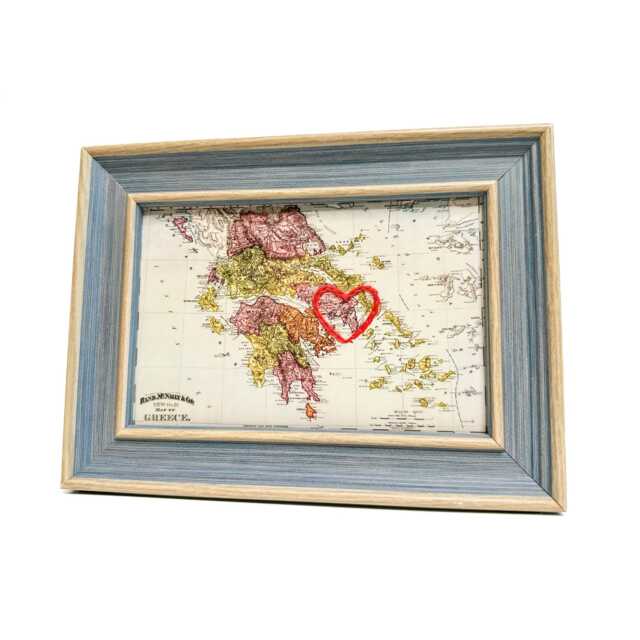 Athens Heart Map - Custom Gift Greece Anniversary Framed Wedding Vintage Print Of With Hand-Embroidered - image 1