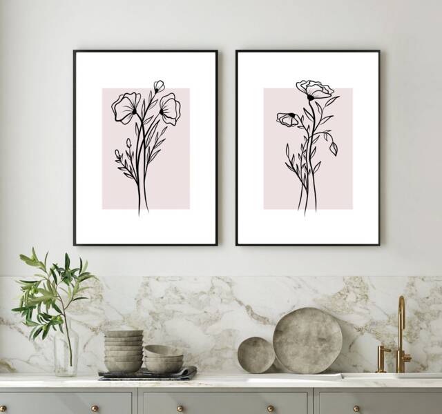Pair Of Pink Line Art Floral Prints, Floral Wall Home Decor Poster Lounge Art Set Living Room Kitchen Hallway Simple Bedroom Prints - image 1