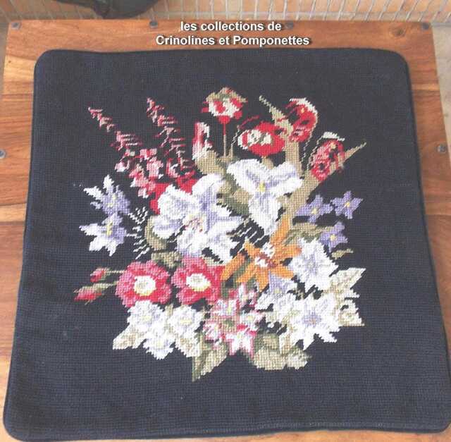 Cushion Cover Entirely Hand-Embroidered in Petit Point Pastel Bouquet On A Black Background - image 1