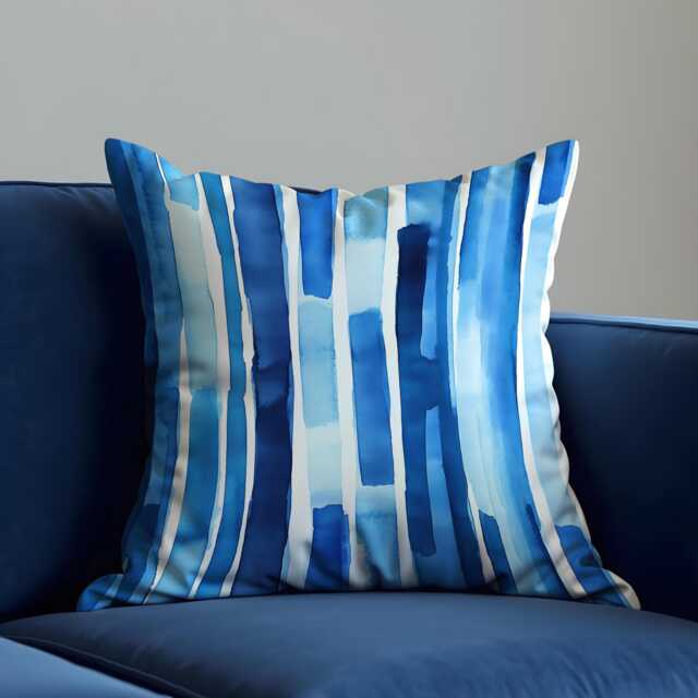 Blue Watercolor Stripe Cushion Cover, Abstract Modern Throw Pillow Coastal Home Decor, Nautical Living Room Decor - image 1