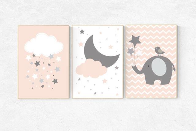 Elephant Nursery Art Print Blush Pink, Coral & Gray Decor - image 1