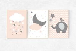 Elephant Nursery Art Print Blush Pink, Coral & Gray Decor - thumbnail 1